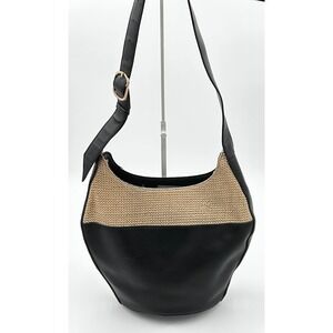 Anthropologie Shoulder Bag Women Black‎ Woven Raffia PU Leather Boho Chic